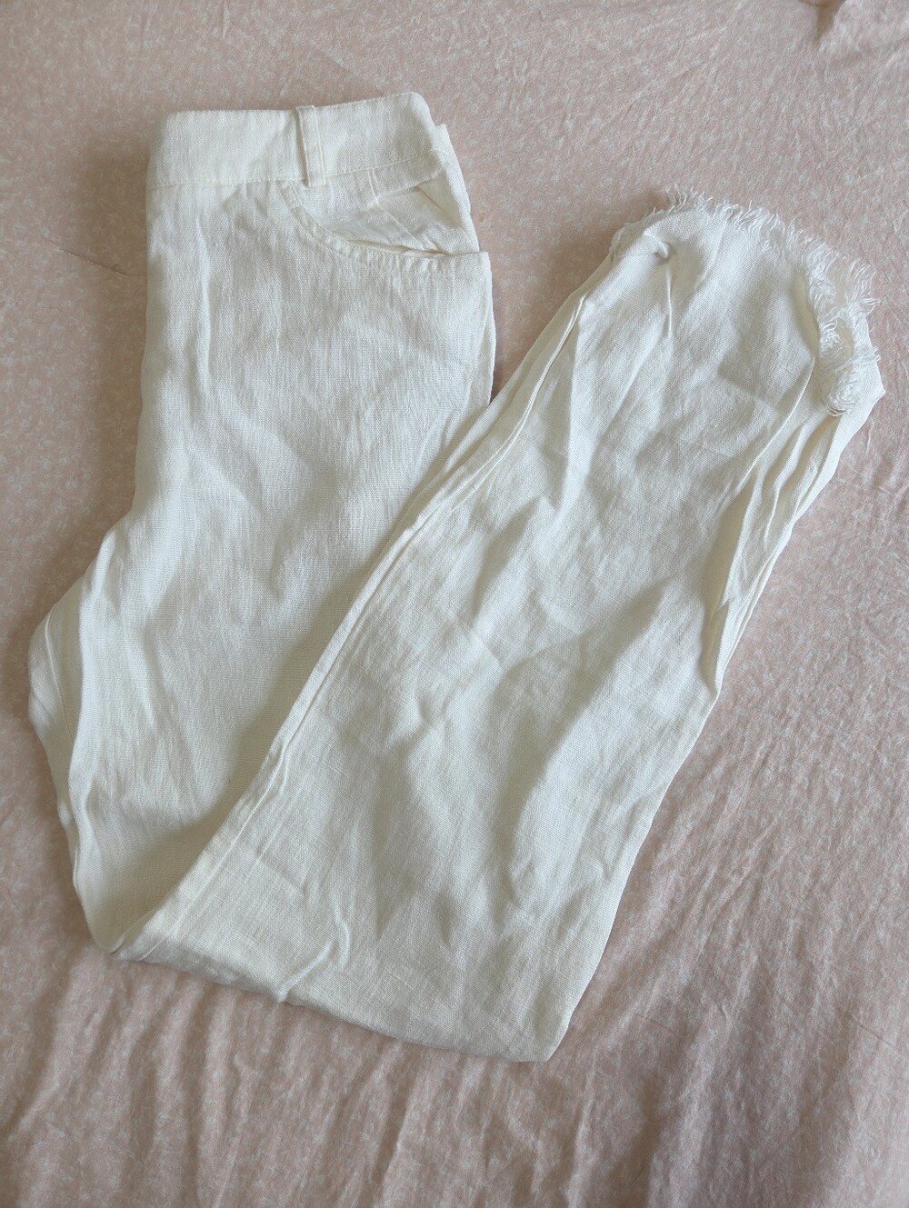Harve Benard 100% Linen Straigt Leg Trousers White Raw Hem Sz 4 Neutral Natural